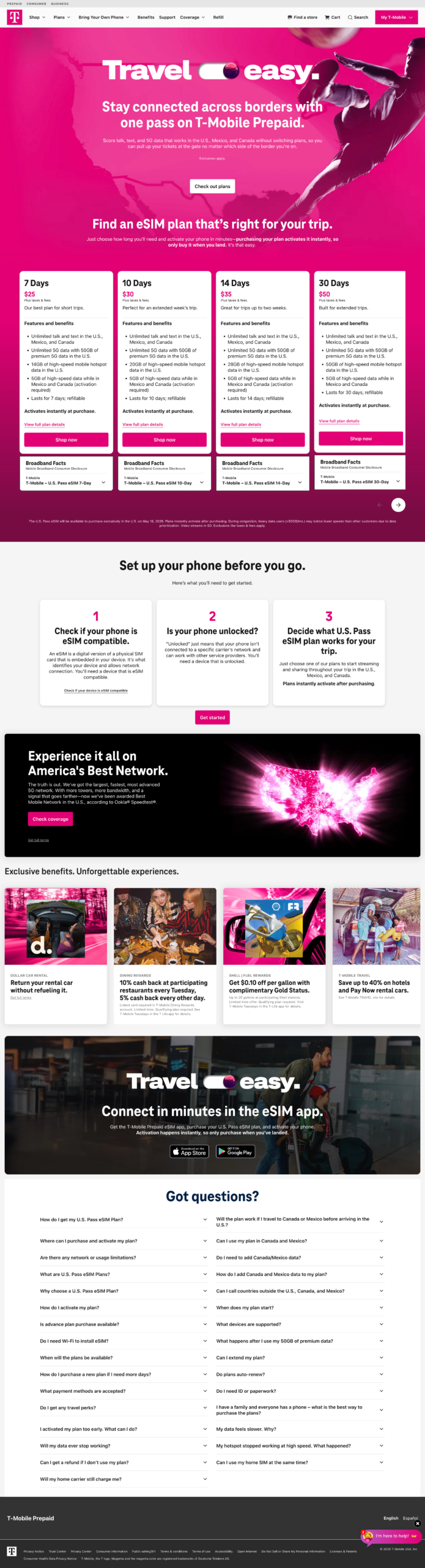 T-Mobile Prepaid U.S. Pass eSIM launch page, full page